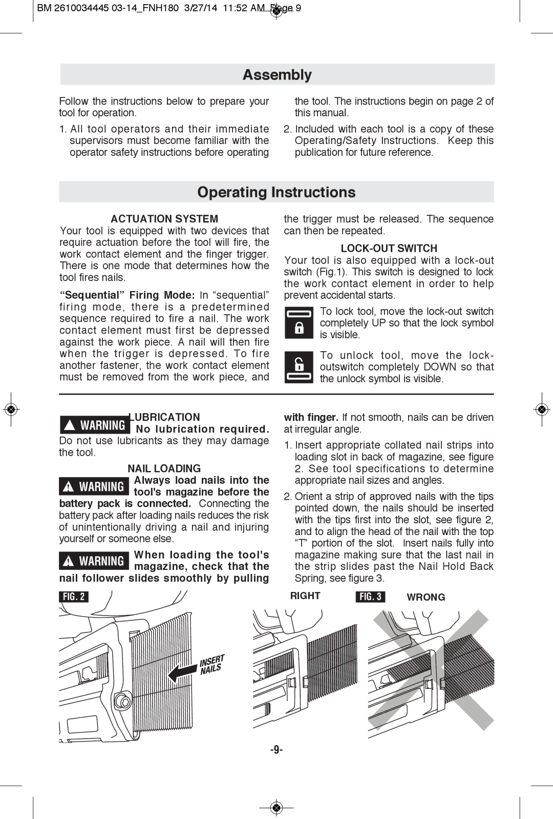 Bosch Power Tools FNH180K-16 Assembly, Operating Instructions, LOCK-OUT Switch, Lubrication Nail Loading, Right Wrong 