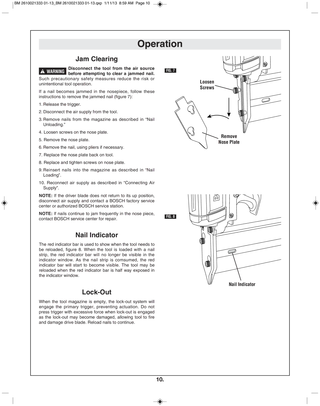 Bosch Power Tools FNS138-23 manual Jam Clearing, Nail Indicator, Lock-Out 