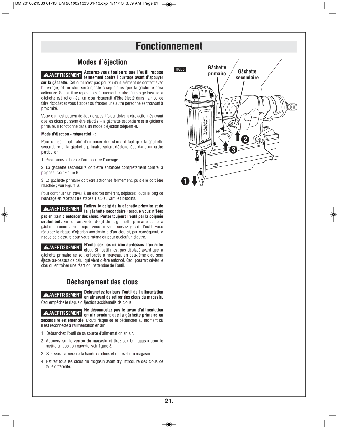 Bosch Power Tools FNS138-23 manual Modes d’éjection, Déchargement des clous 