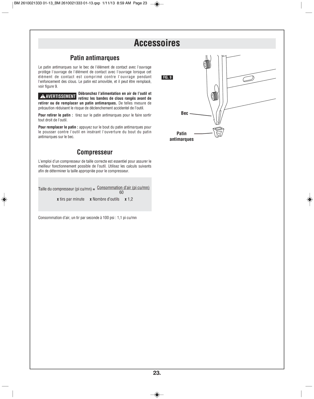 Bosch Power Tools FNS138-23 manual Accessoires, Patin antimarques, Compresseur 