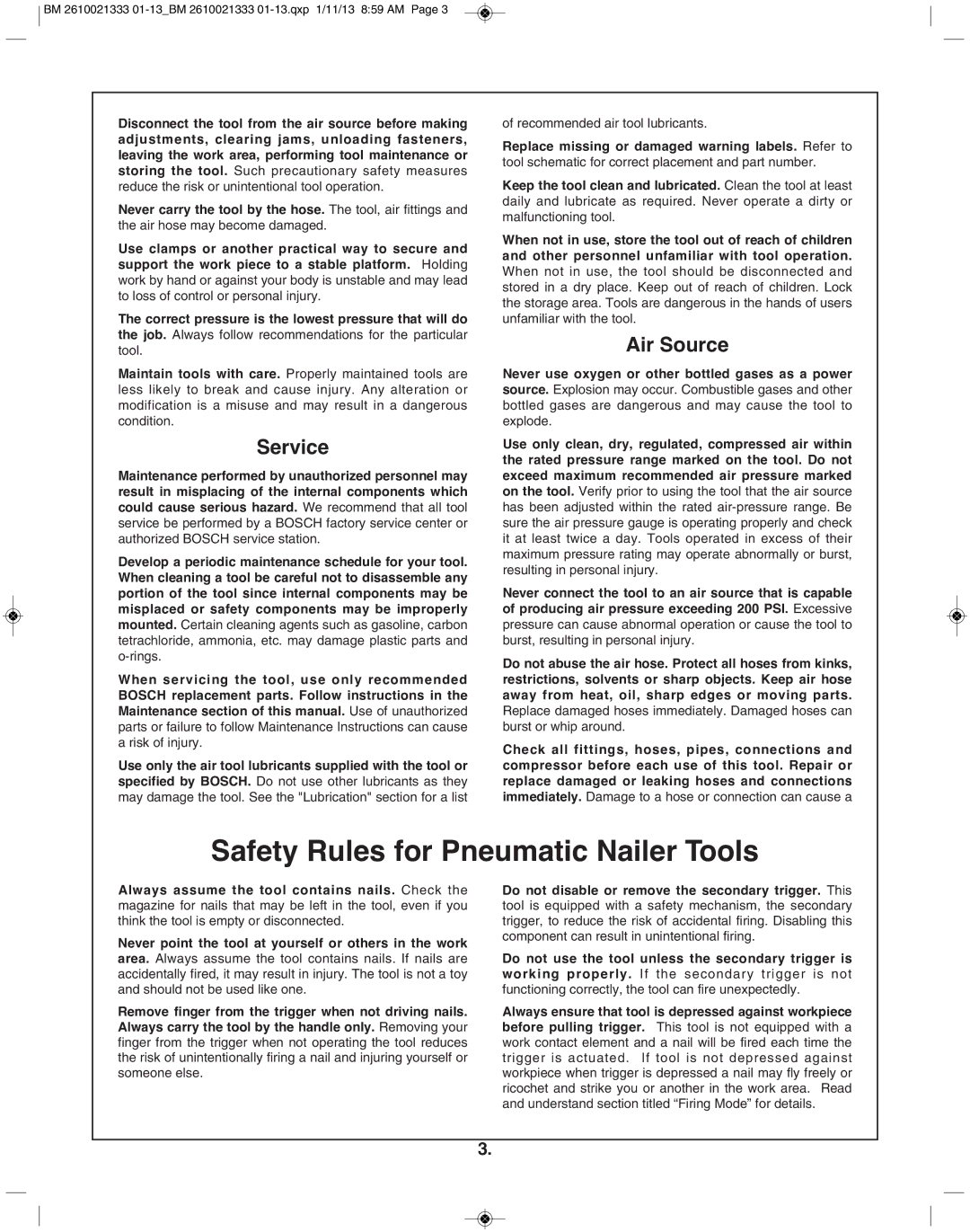 Bosch Power Tools FNS138-23 manual Safety Rules for Pneumatic Nailer Tools, Service, Air Source 