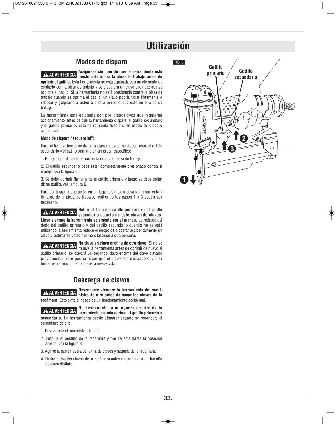 Bosch Power Tools FNS138-23 manual Modos de disparo, Descarga de clavos 