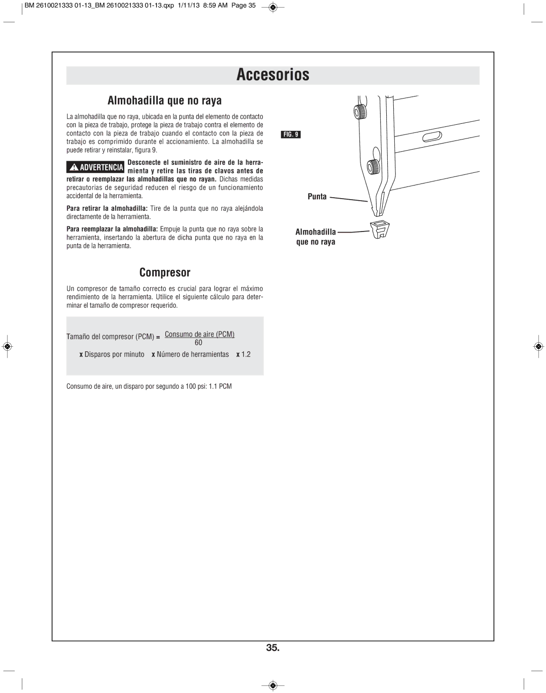 Bosch Power Tools FNS138-23 manual Accesorios, Almohadilla que no raya, Compresor 