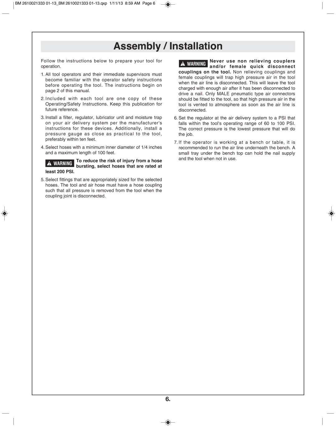 Bosch Power Tools FNS138-23 manual Assembly / Installation 