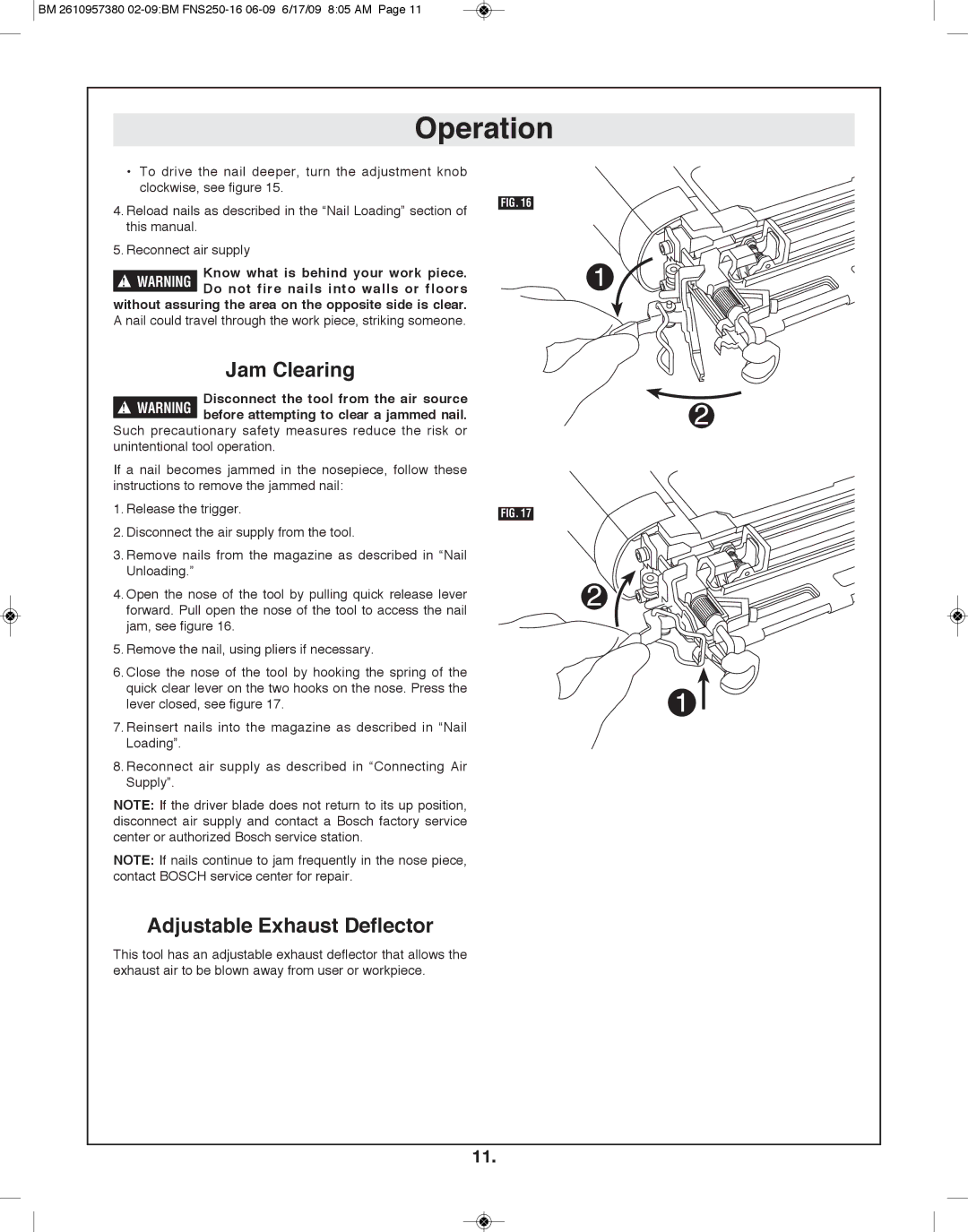 Bosch Power Tools FNS250-16 manual Jam Clearing, Adjustable Exhaust Deflector 