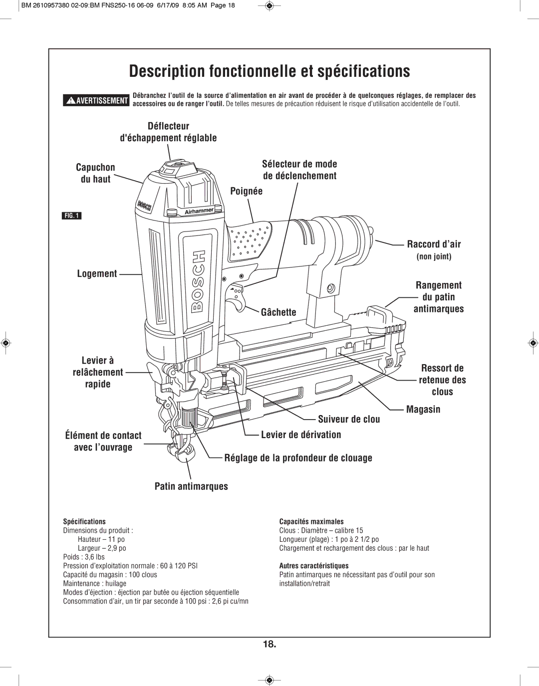 Bosch Power Tools FNS250-16 manual Description fonctionnelle et spécifications, Avertissement 