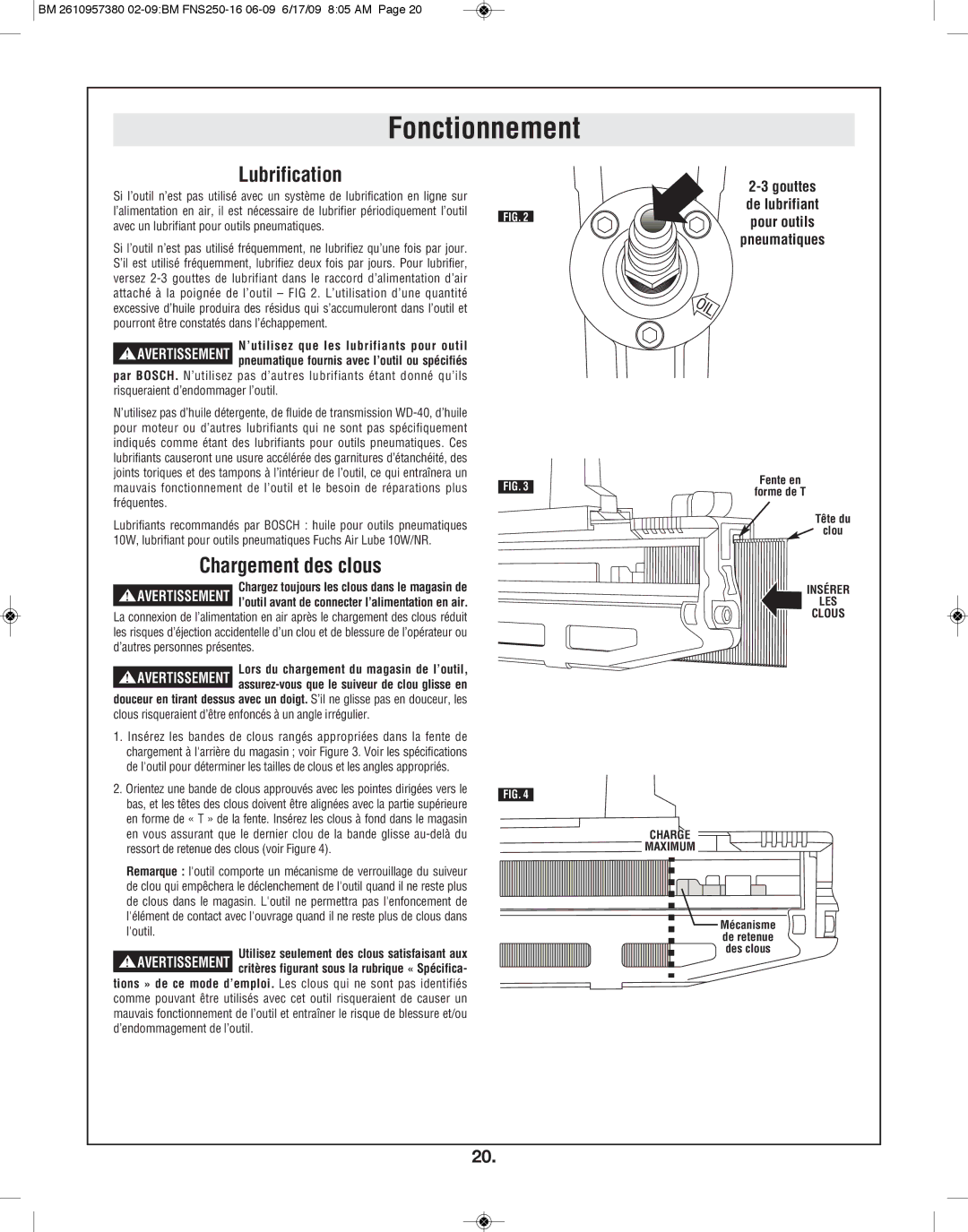 Bosch Power Tools FNS250-16 manual Lubrification, Chargement des clous, Gouttes de lubrifiant pour outils pneumatiques 