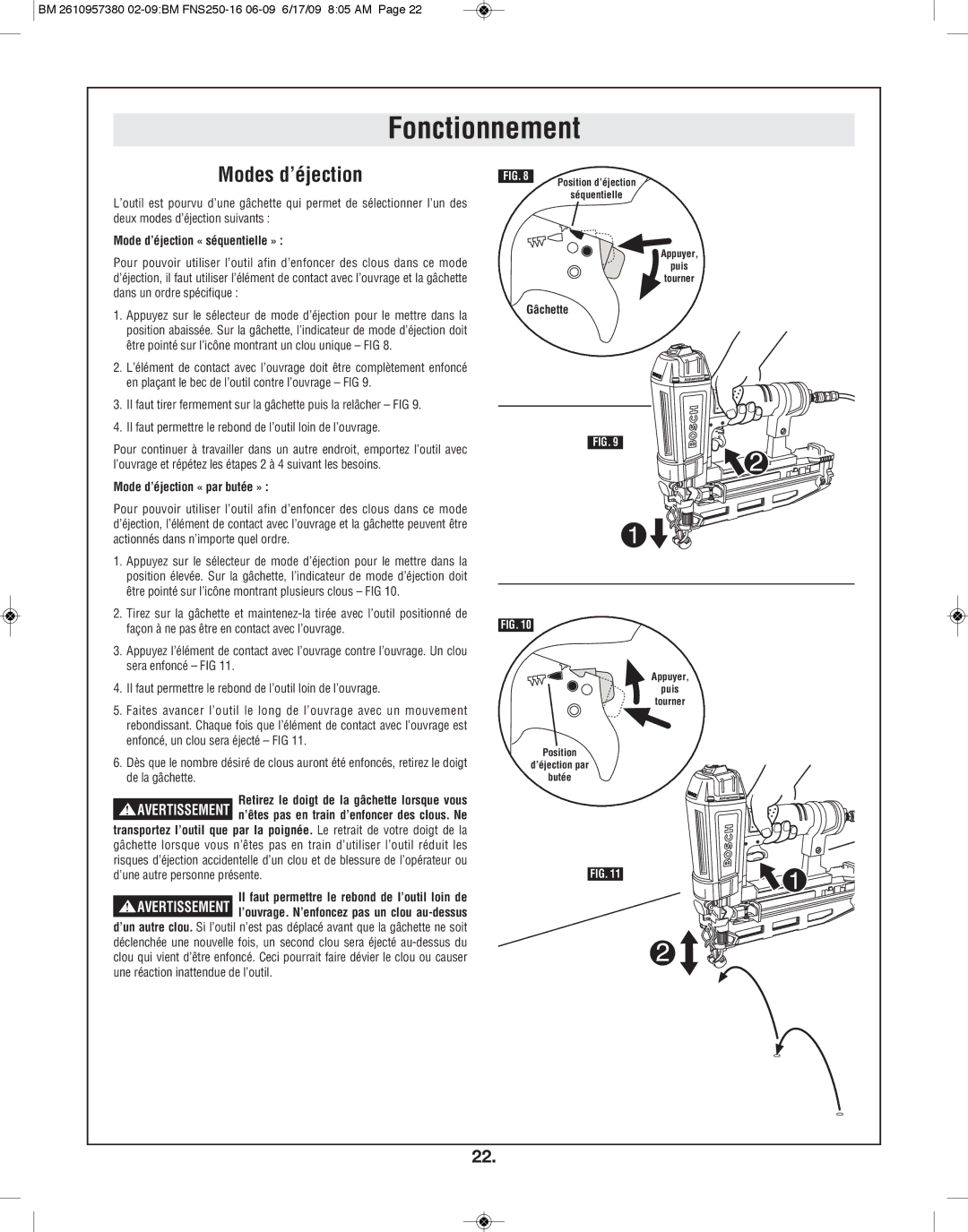 Bosch Power Tools FNS250-16 Modes d’éjection, Mode d’éjection « séquentielle », Mode d’éjection « par butée », Gâchette 