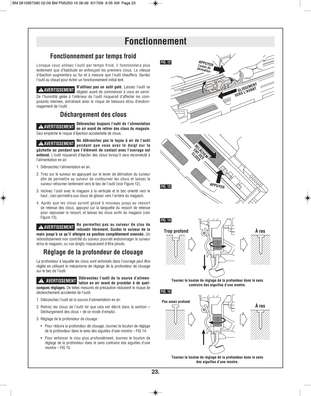 Bosch Power Tools FNS250-16 manual Fonctionnement par temps froid, Déchargement des clous, Dér 