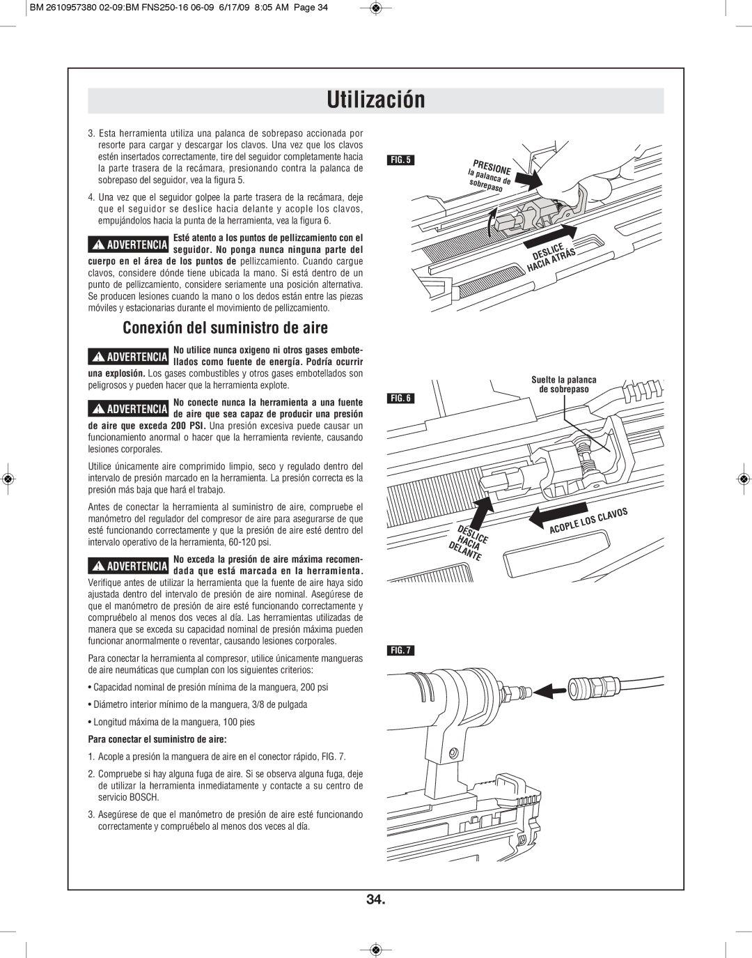 Bosch Power Tools FNS250-16 manual Conexión del suministro de aire, Para conectar el suministro de aire 