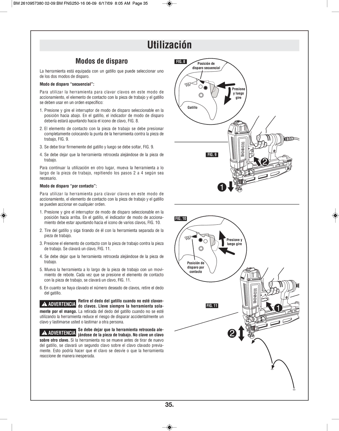 Bosch Power Tools FNS250-16 manual Modos de disparo, Modo de disparo secuencial, Modo de disparo por contacto 