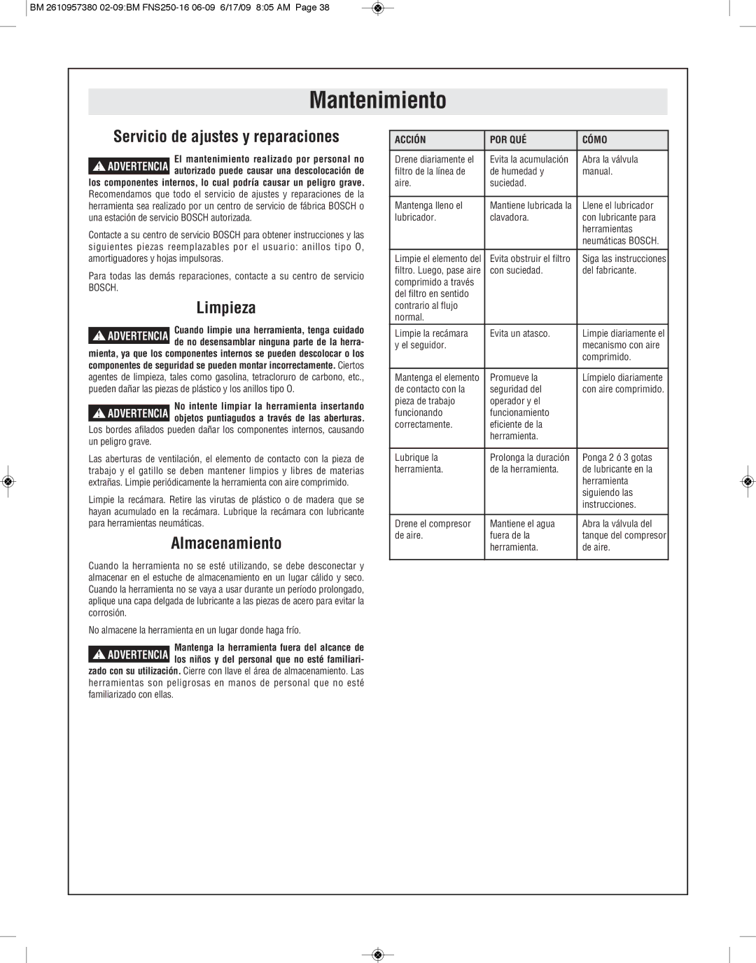 Bosch Power Tools FNS250-16 manual Mantenimiento, Limpieza, Almacenamiento, Acción POR QUÉ Cómo 