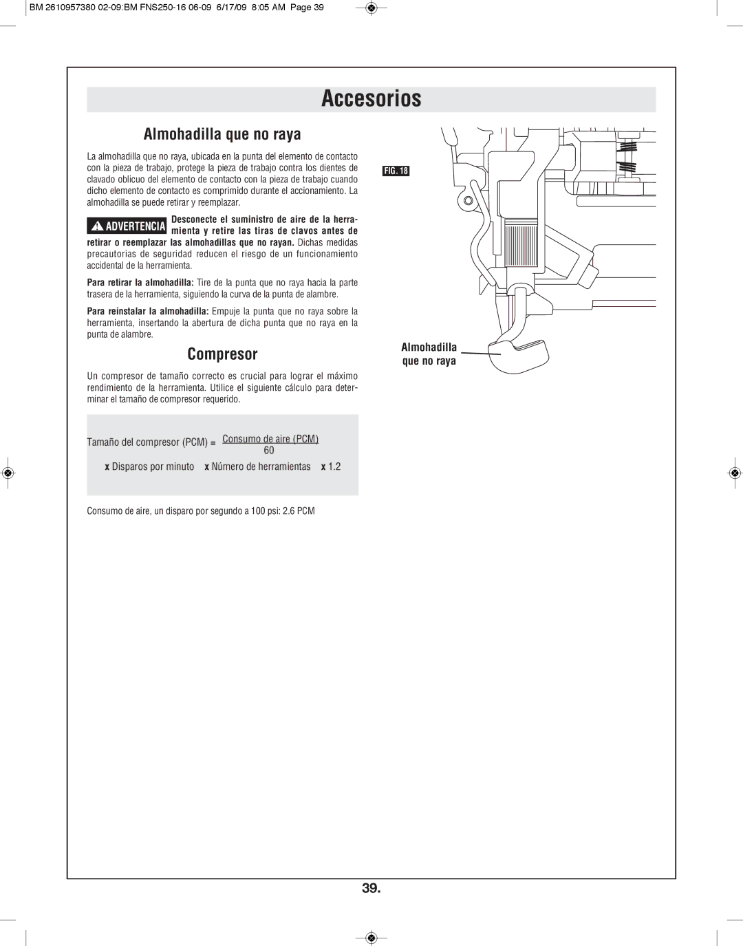 Bosch Power Tools FNS250-16 manual Accesorios, Almohadilla que no raya, Compresor 