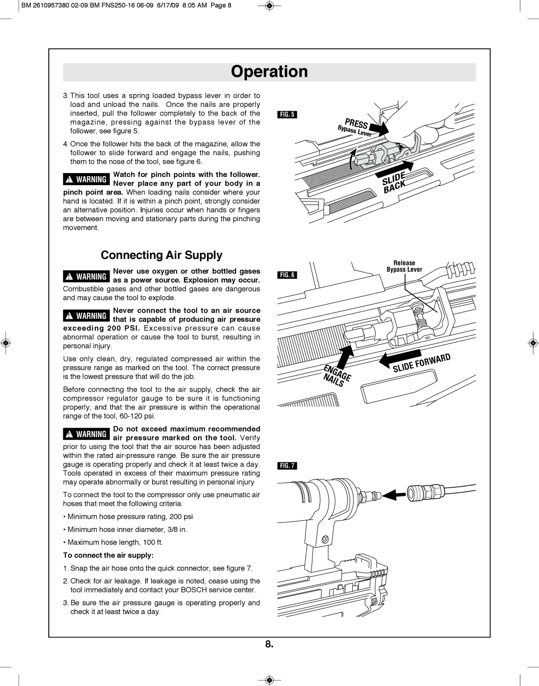 Bosch Power Tools FNS250-16 manual Connecting Air Supply, To connect the air supply, Release Bypass Lever 