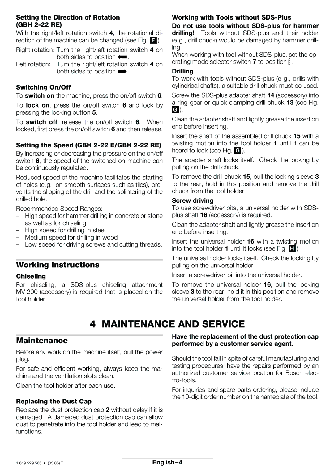 Bosch Power Tools GBH 2-22 E, GBH 2-22 S, GBH 2-22 RE operating instructions Maintenance and Service, Working Instructions 