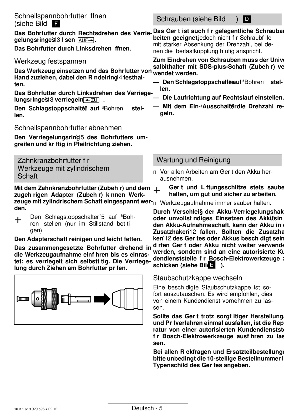 Bosch Power Tools GBH 24 V Schnellspannbohrfutter öffnen siehe Bild F, Werkzeug festspannen, Schrauben siehe Bild D 