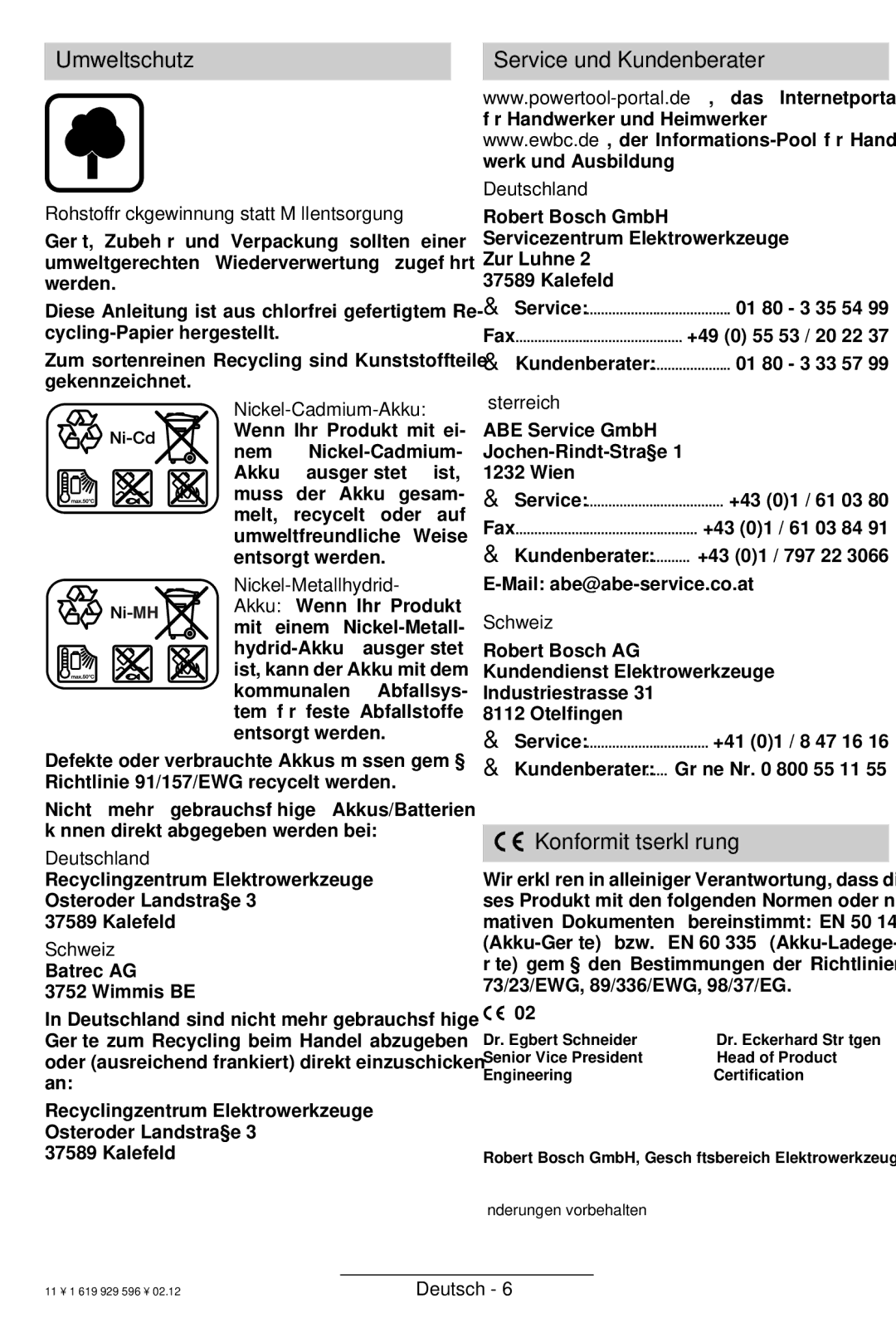 Bosch Power Tools GBH 24 VF operating instructions Umweltschutz, Service und Kundenberater, Konformitätserklärung 