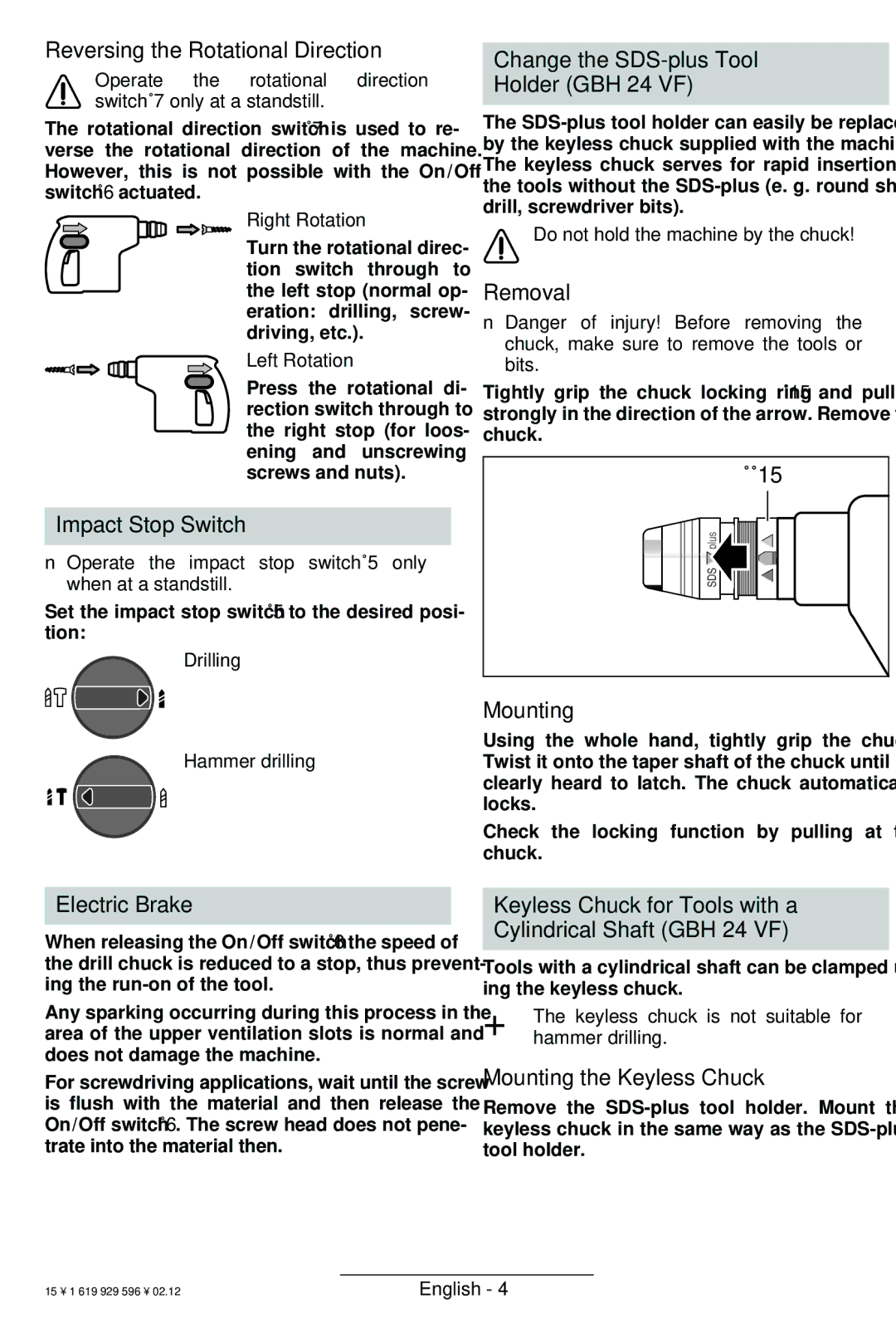 Bosch Power Tools GBH 24 VF Reversing the Rotational Direction, Impact Stop Switch, Removal, Mounting, Electric Brake 