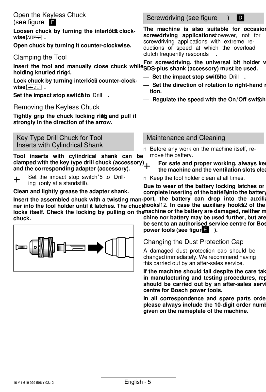 Bosch Power Tools GBH 24 VF Open the Keyless Chuck see figure F, Clamping the Tool, Removing the Keyless Chuck 