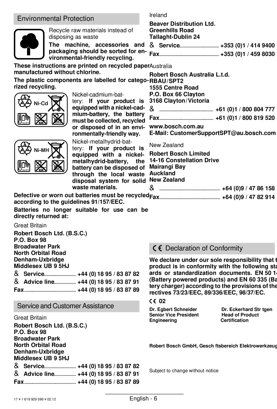 Bosch Power Tools GBH 24 VF Environmental Protection, Declaration of Conformity, Service and Customer Assistance 