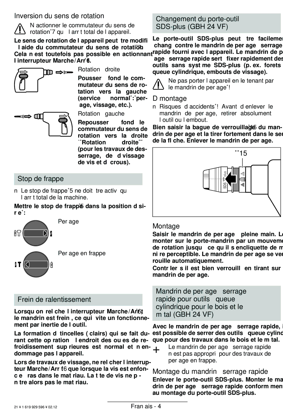 Bosch Power Tools Inversion du sens de rotation, Stop de frappe, Changement du porte-outil SDS-plus GBH 24 VF, Montage 