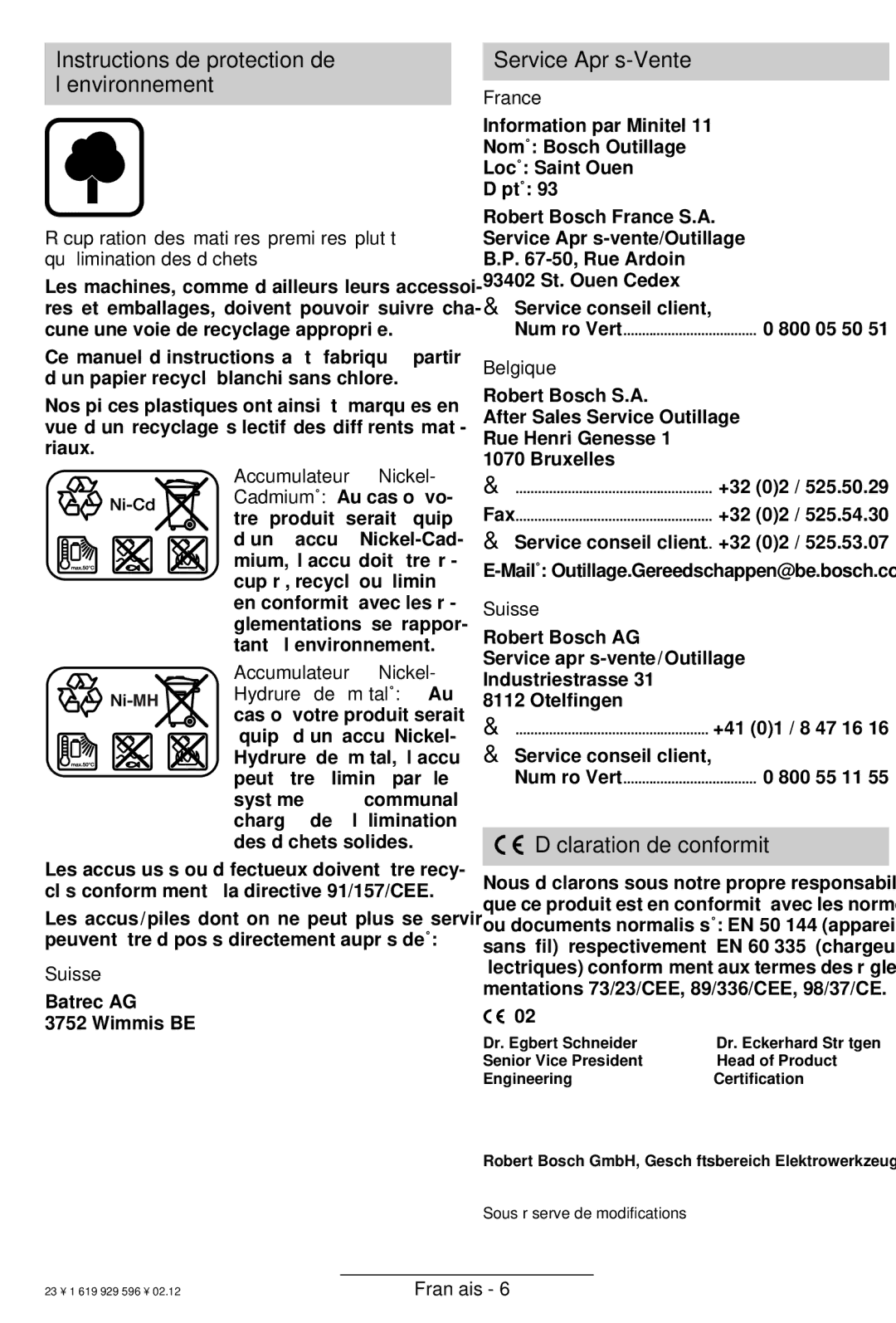 Bosch Power Tools GBH 24 VF Instructions de protection de l’environnement, Service Après-Vente, Déclaration de conformité 