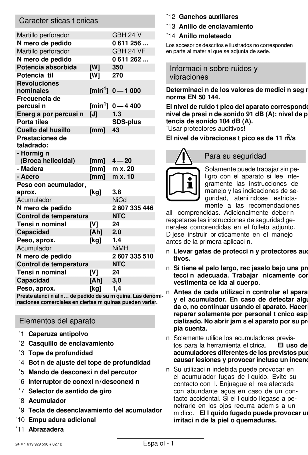 Bosch Power Tools GBH 24 V Características técnicas, Elementos del aparato, Información sobre ruidos y vibraciones 