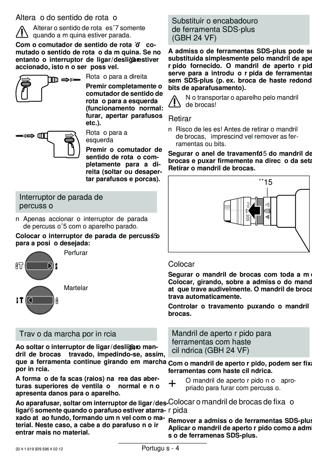 Bosch Power Tools GBH 24 VF Alteração do sentido de rotação, Interruptor de parada de percussão, Retirar, Colocar 