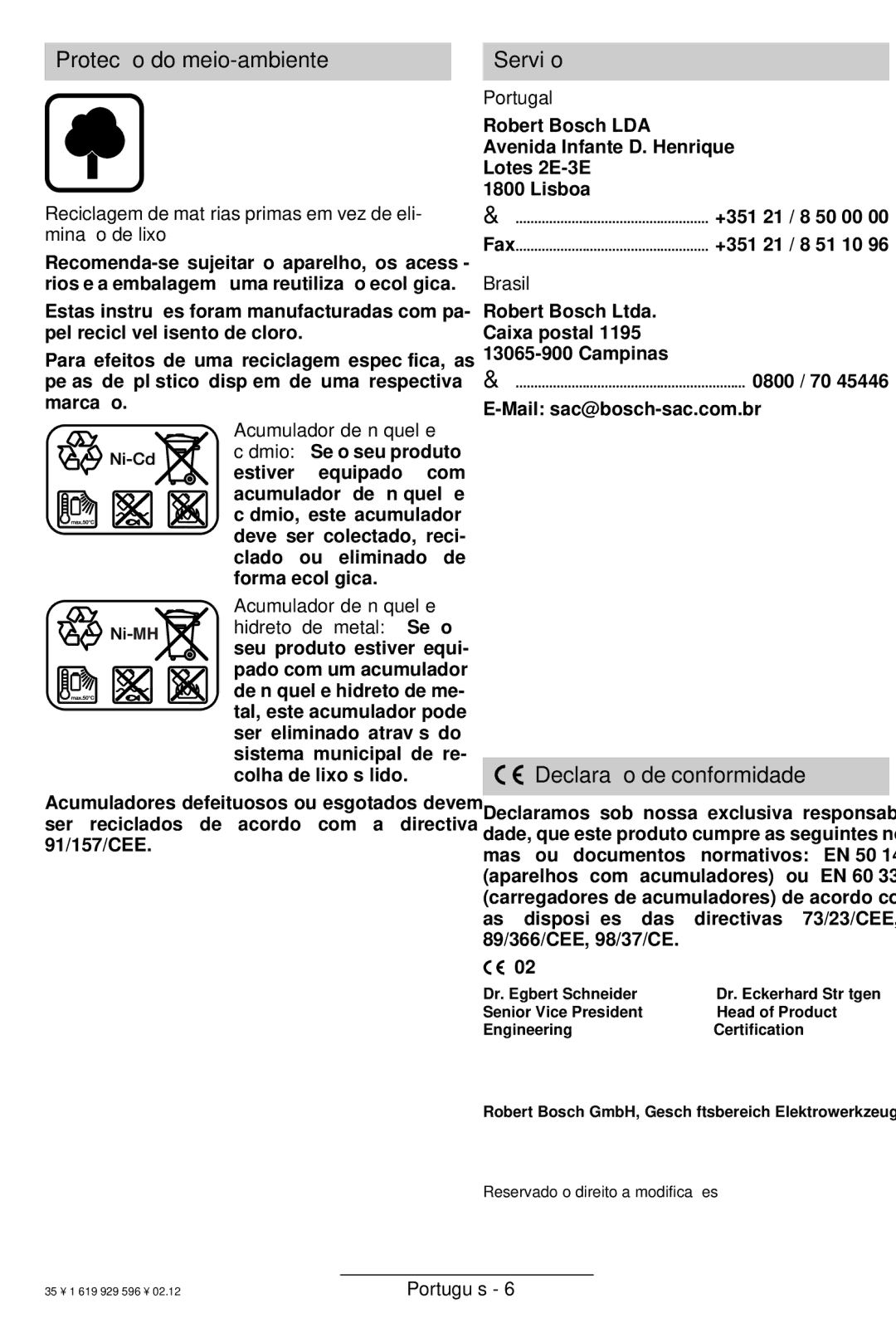 Bosch Power Tools GBH 24 VF Protecção do meio-ambiente, Serviço, Declaração de conformidade, Portugal, Brasil 