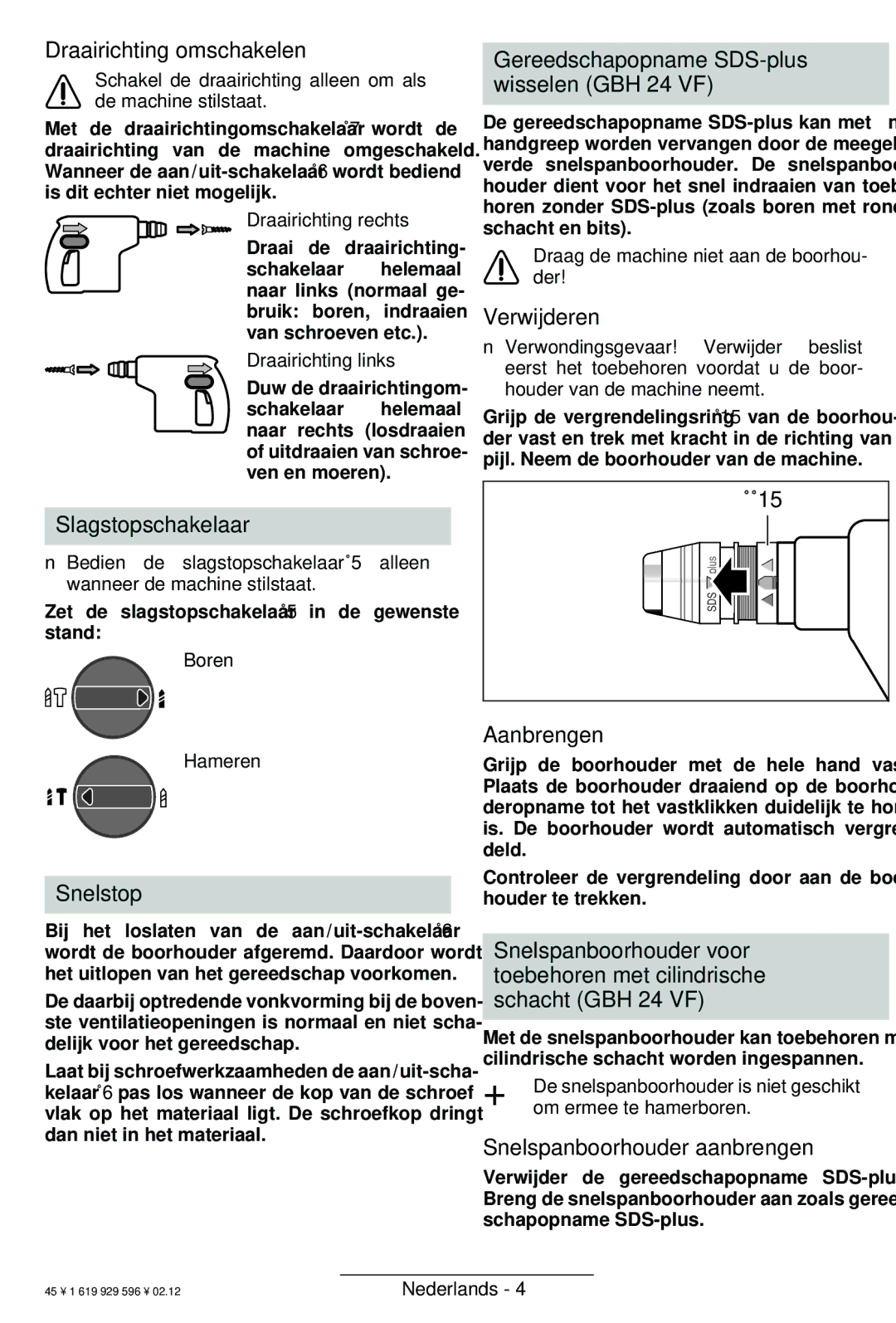 Bosch Power Tools GBH 24 VF Draairichting omschakelen, Slagstopschakelaar, Snelstop, Verwijderen, Aanbrengen 