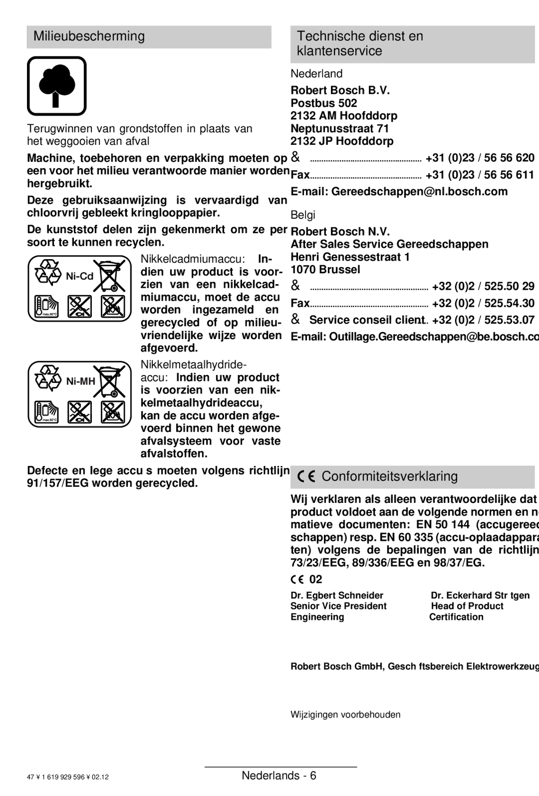 Bosch Power Tools GBH 24 VF Milieubescherming, Technische dienst en klantenservice, Conformiteitsverklaring, Nederland 