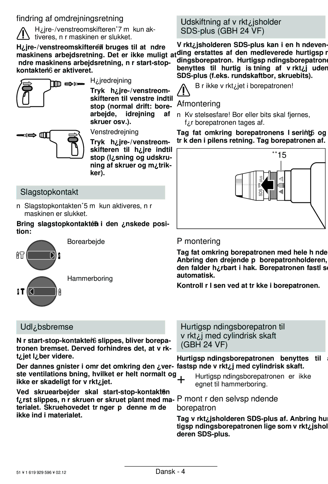 Bosch Power Tools GBH 24 VF Ændring af omdrejningsretning Udskiftning af værktøjsholder, Afmontering, Slagstopkontakt 