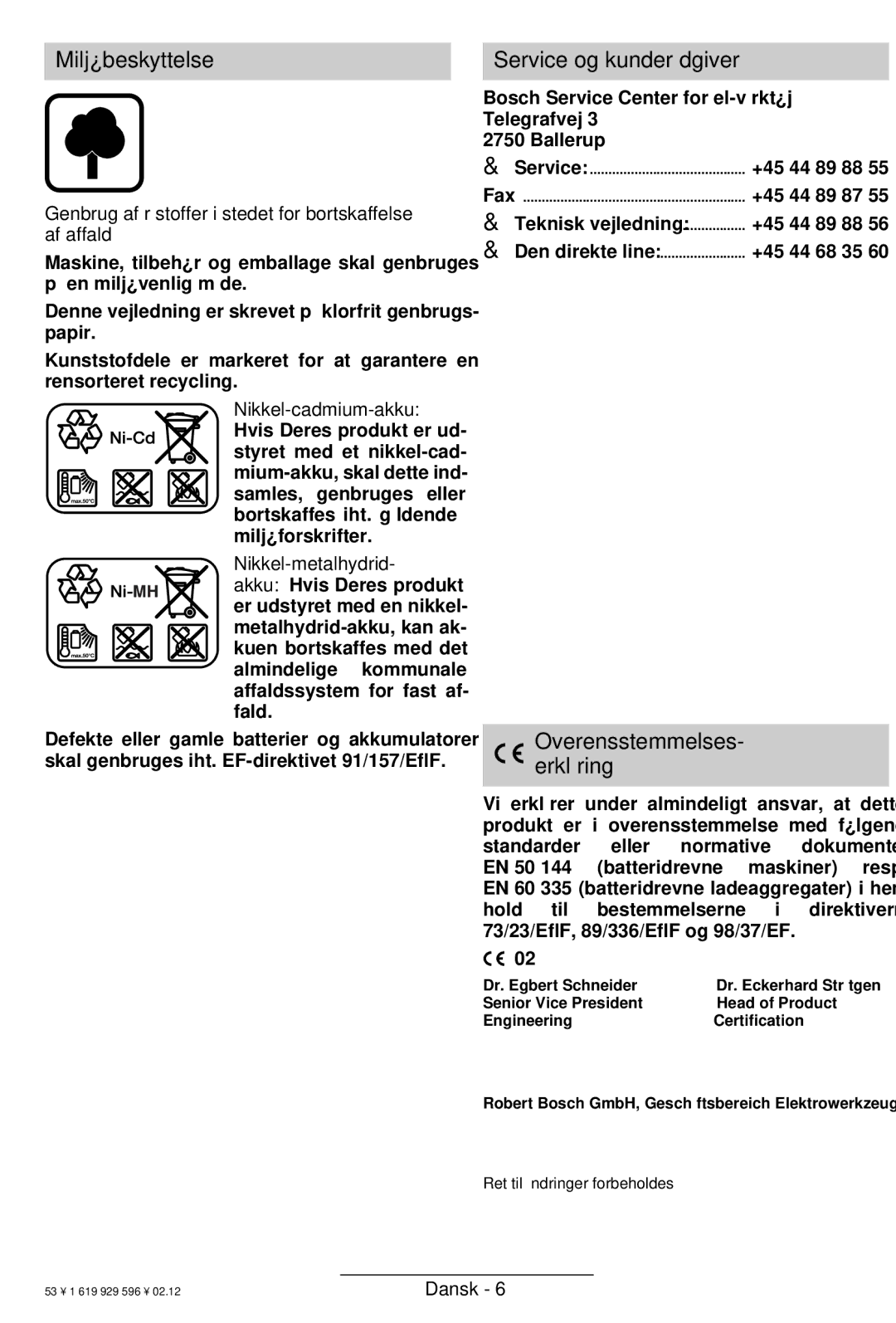 Bosch Power Tools GBH 24 VF operating instructions Miljøbeskyttelse, Service og kunderådgiver, Overensstemmelses- erklæring 