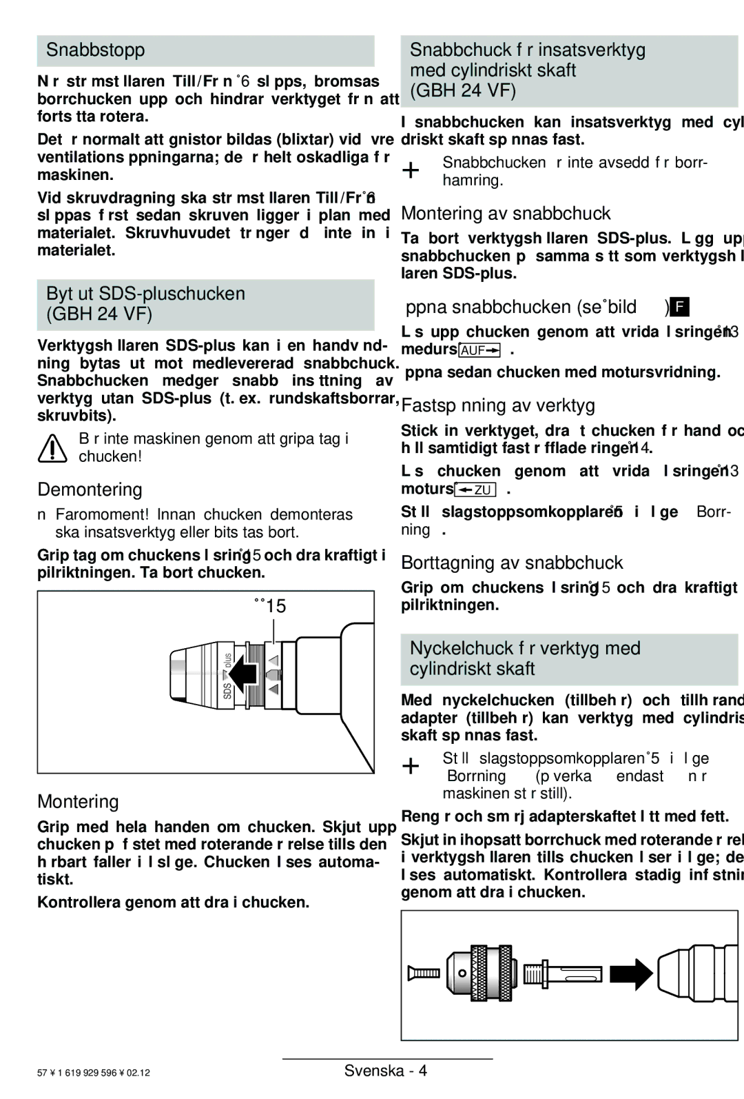 Bosch Power Tools GBH 24 VF Snabbstopp, Montering av snabbchuck, Fastspänning av verktyg, Demontering 