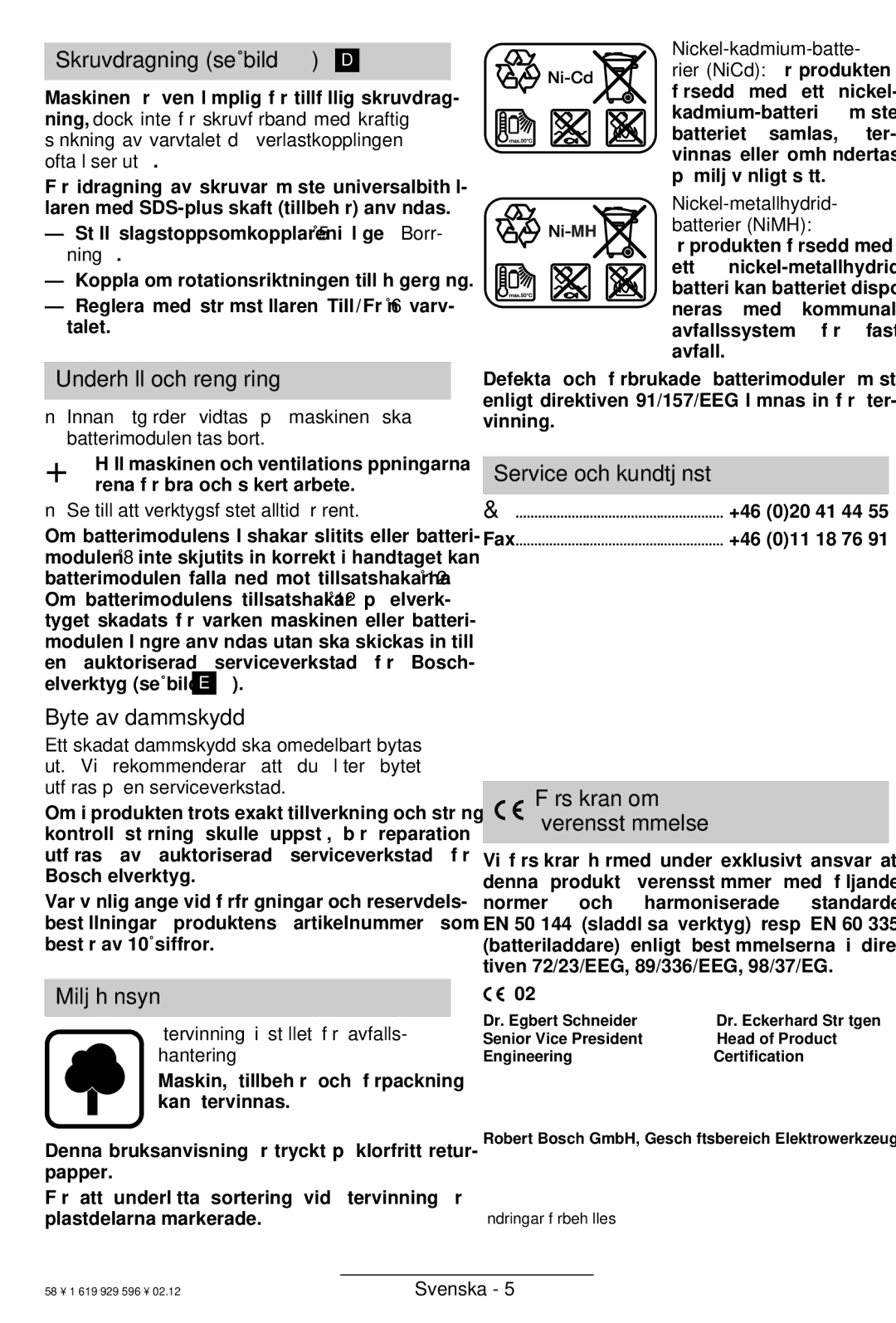 Bosch Power Tools GBH 24 VF Skruvdragning se bild D, Underhåll och rengöring, Byte av dammskydd, Miljöhänsyn 