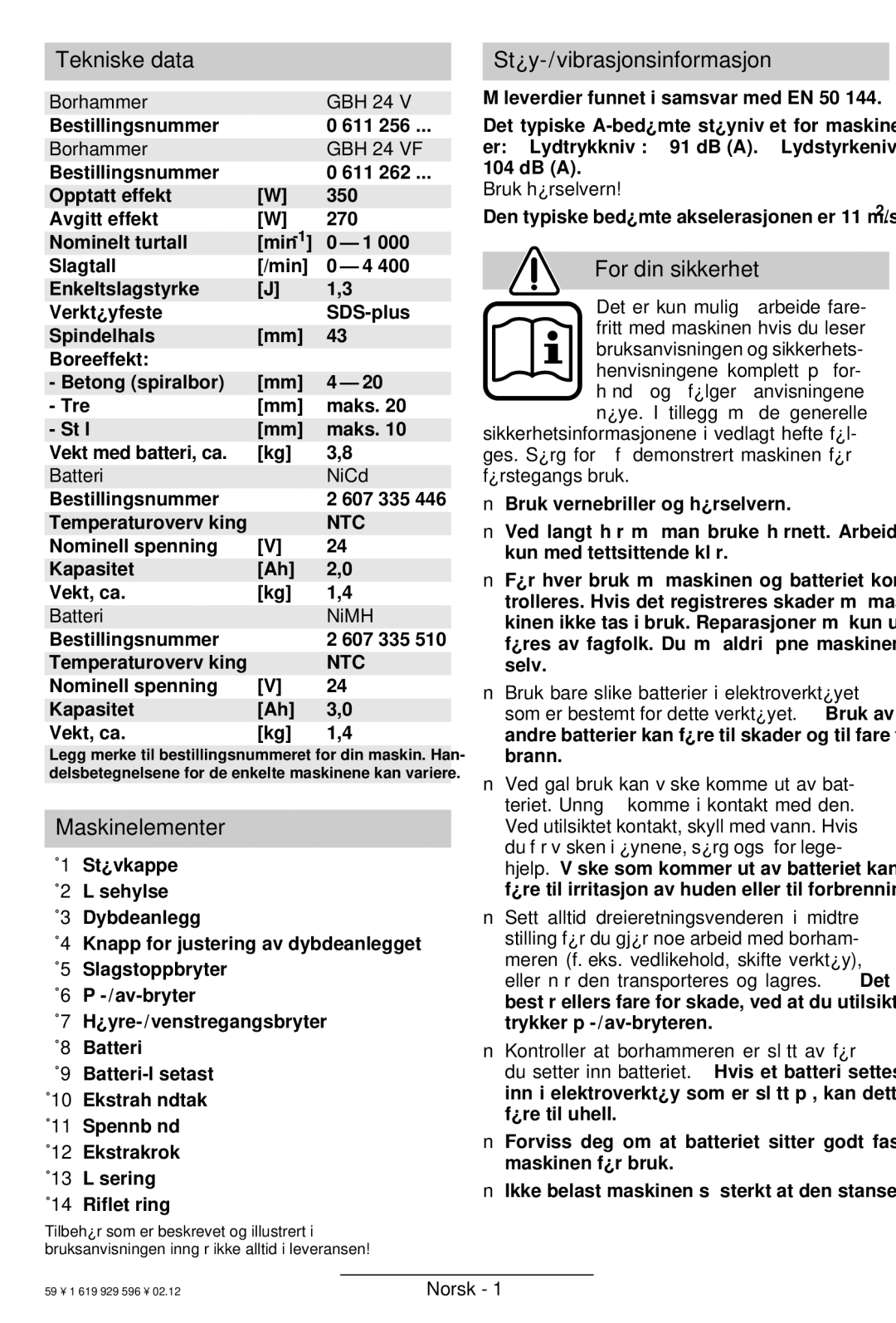 Bosch Power Tools GBH 24 VF operating instructions Støy-/vibrasjonsinformasjon, For din sikkerhet 