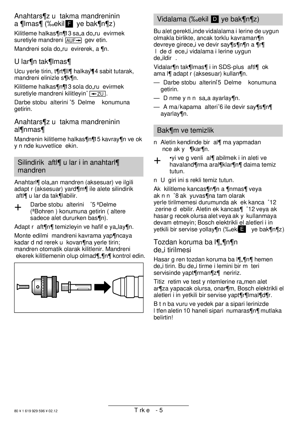 Bosch Power Tools GBH 24 V Anahtars¶z u takma mandreninin a¶lmas¶ ½ekil F Õye bak¶n¶z, Ular¶n tak¶lmas¶, Bak¶m ve temizlik 