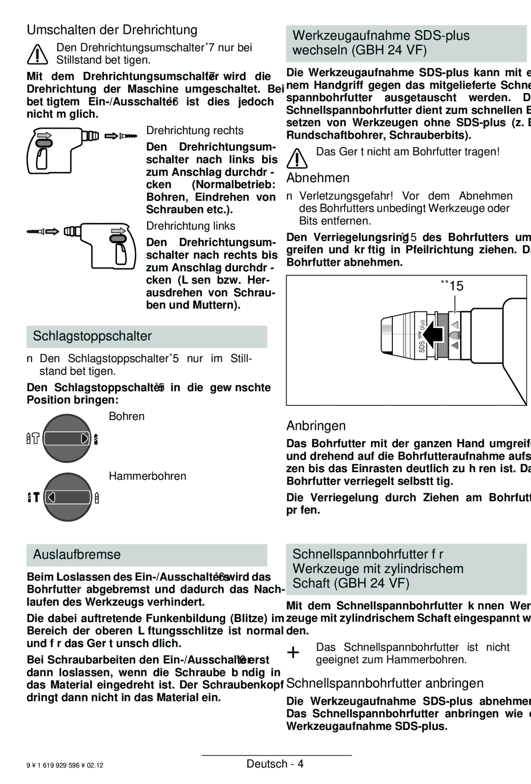 Bosch Power Tools Umschalten der Drehrichtung, Schlagstoppschalter, Werkzeugaufnahme SDS-plus wechseln GBH 24 VF 