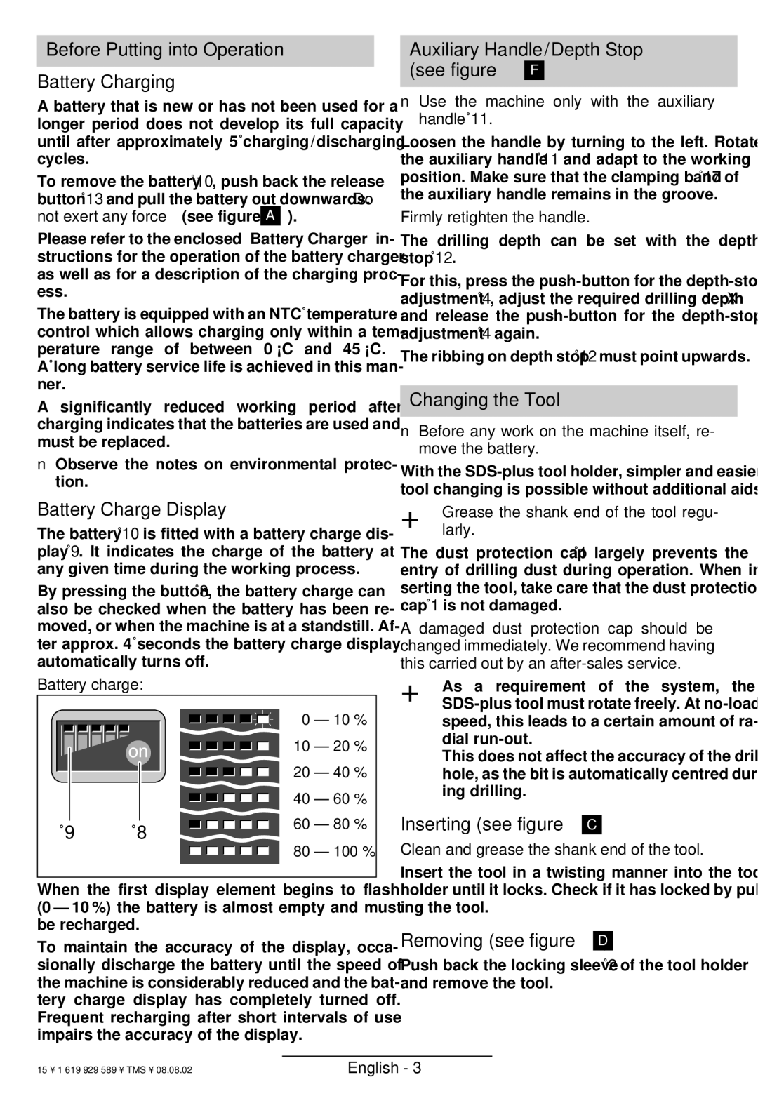 Bosch Power Tools GBH 24 VFR Battery Charge Display, Changing the Tool, Inserting see figure C, Removing see figure D 