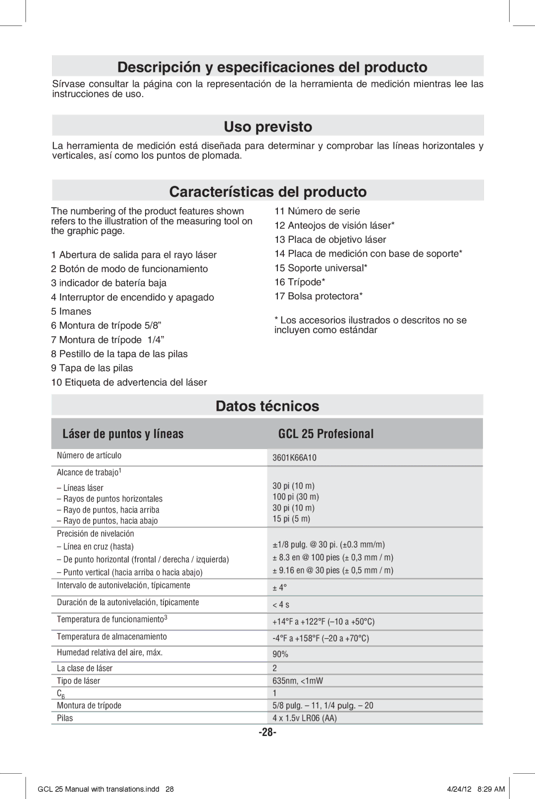 Bosch Power Tools GCL25 manual Descripción y especificaciones del producto, Uso previsto, Características del producto 