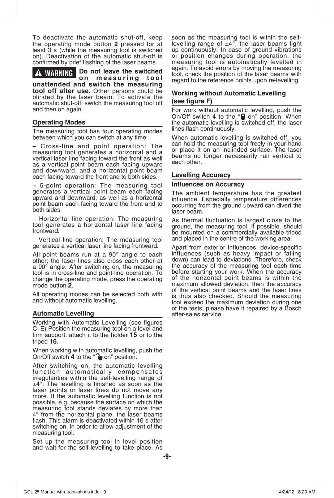 Bosch Power Tools GCL25 Working without Automatic Levelling see figure F, Levelling Accuracy Influences on Accuracy 