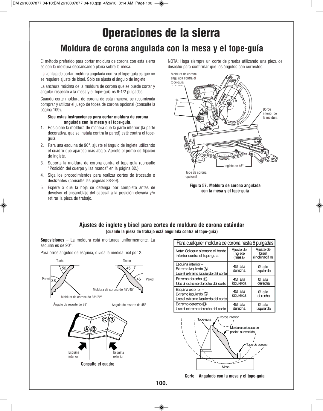 Bosch Power Tools GCM12SD manual Moldura de corona angulada con la mesa y el tope-guía, 100, Consulte el cuadro 