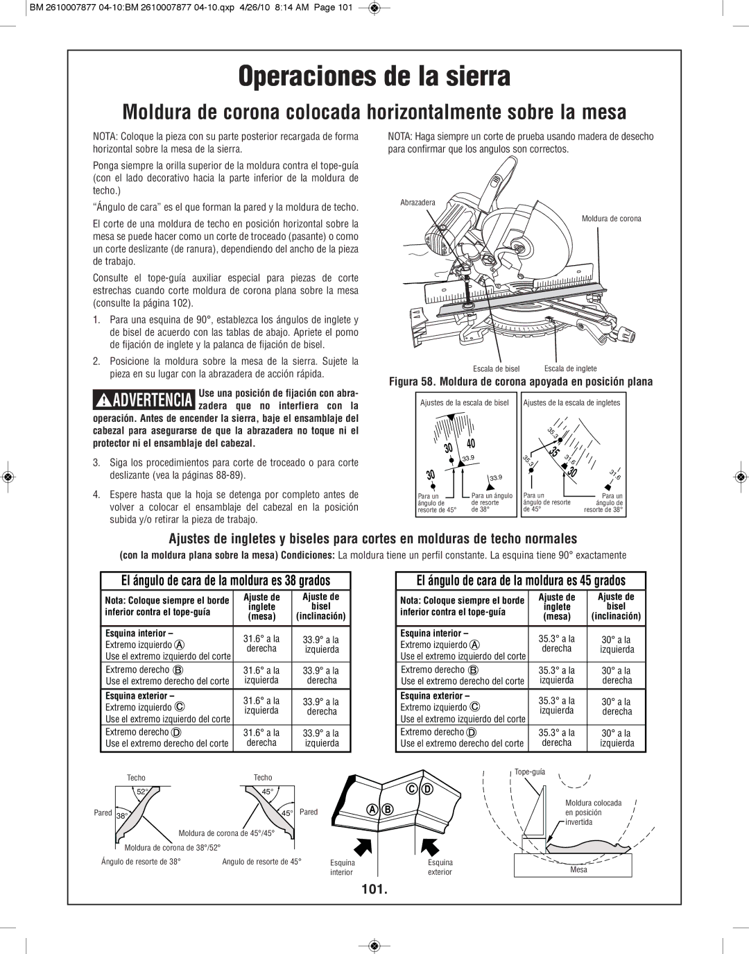 Bosch Power Tools GCM12SD manual Moldura de corona colocada horizontalmente sobre la mesa, 101 