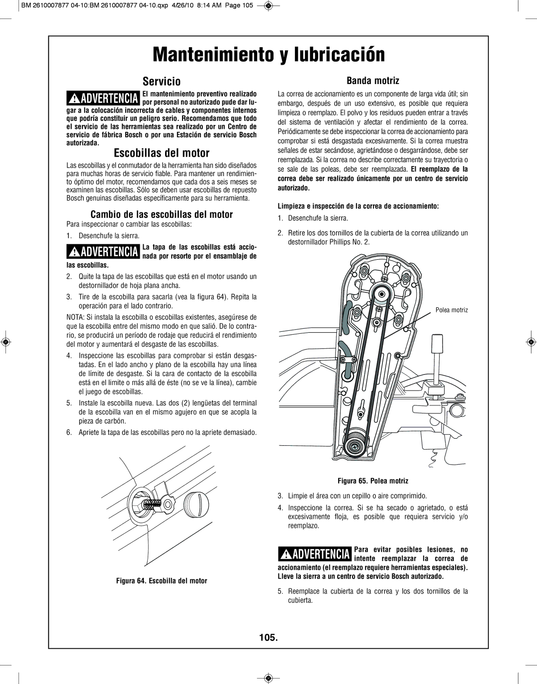 Bosch Power Tools GCM12SD manual Mantenimiento y lubricación, Cambio de las escobillas del motor, Banda motriz, 105 