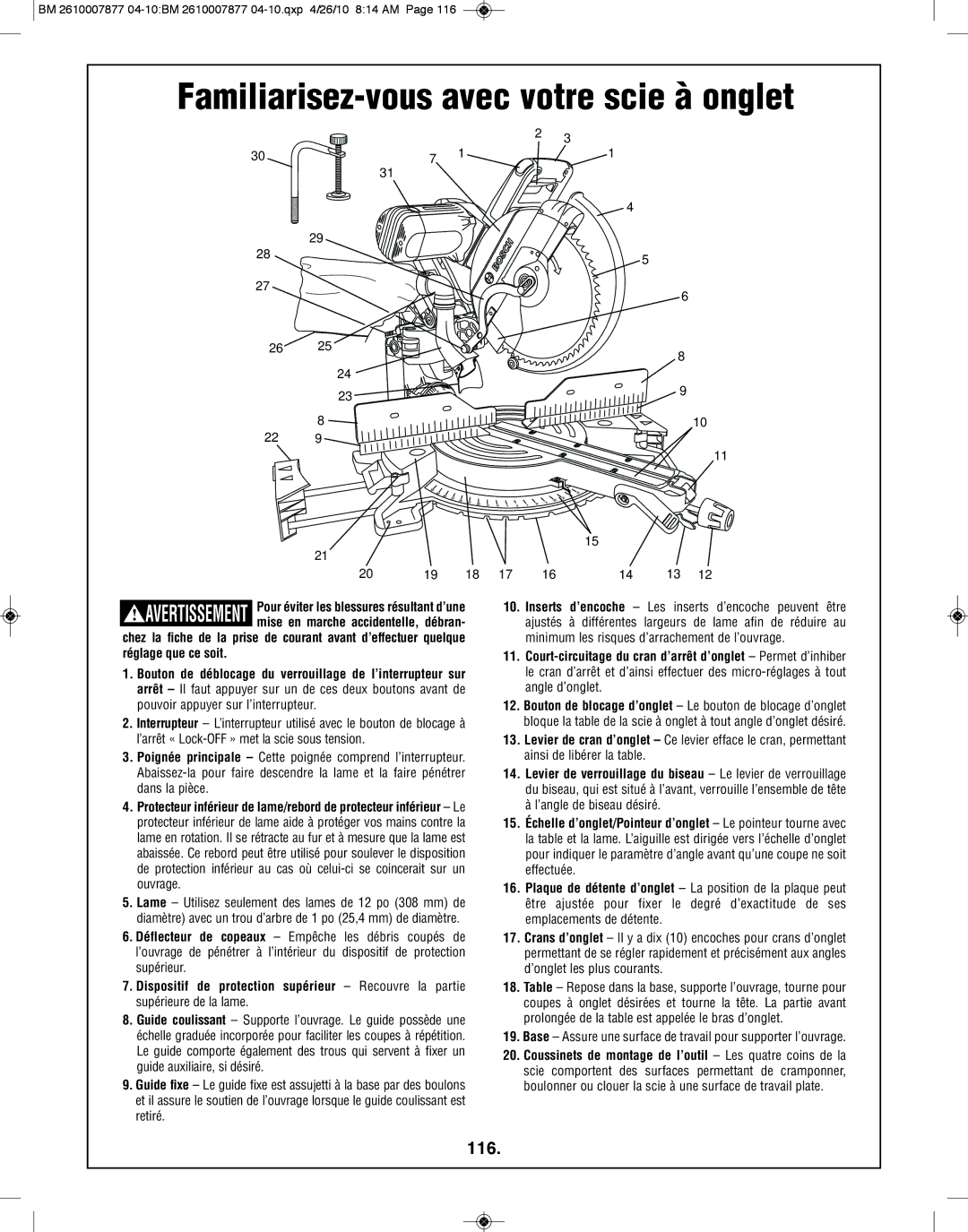 Bosch Power Tools GCM12SD manual Familiarisez-vous avec votre scie à onglet, 116, ’angle de biseau désiré 