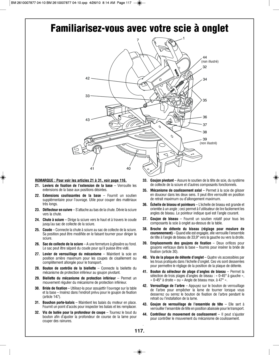 Bosch Power Tools GCM12SD manual 117, Remarque Pour voir les articles 21 à 31, voir 