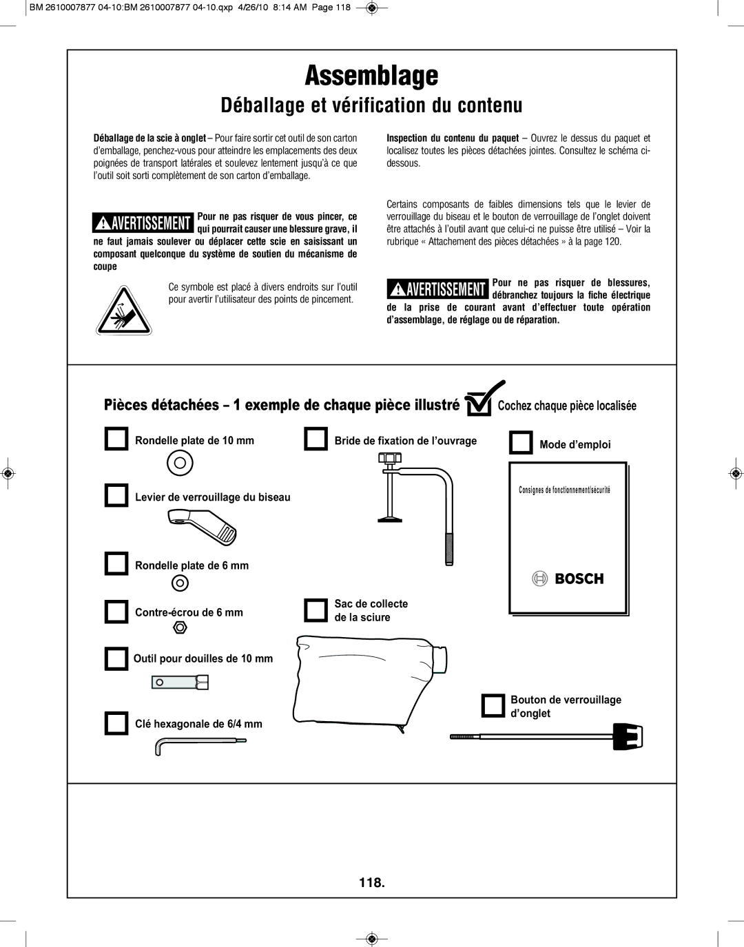 Bosch Power Tools GCM12SD manual Assemblage, Déballage et vérification du contenu, 118 