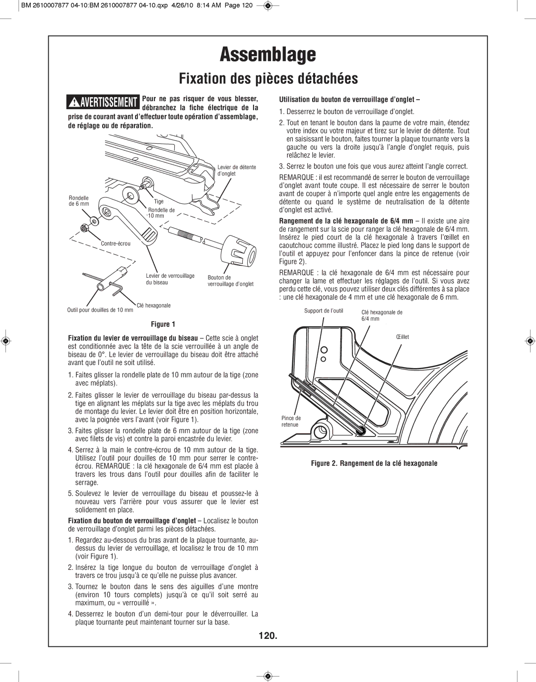 Bosch Power Tools GCM12SD manual Fixation des pièces détachées, 120, Utilisation du bouton de verrouillage d’onglet 