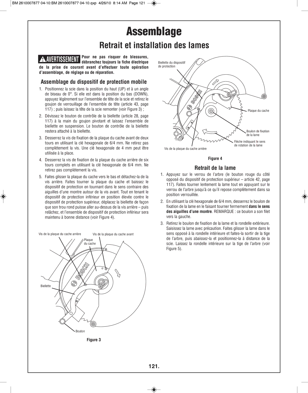 Bosch Power Tools GCM12SD manual Retrait et installation des lames, Retrait de la lame, 121 