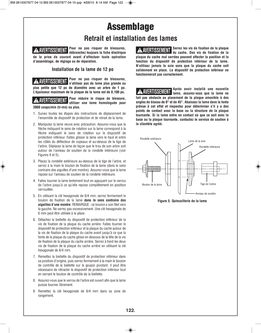 Bosch Power Tools GCM12SD manual Installation de la lame de 12 po, 122, Coups/min tr-mn ou plus 